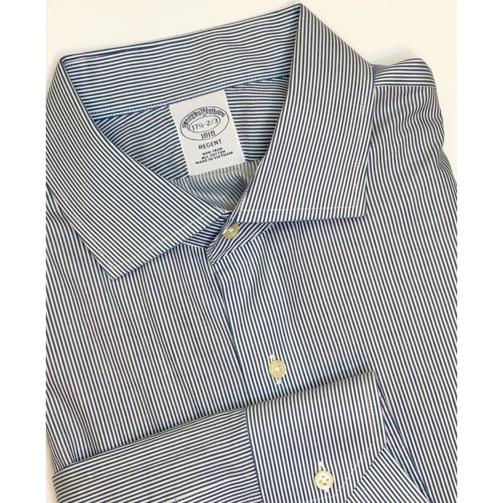 Brooks Brothers Mens 17.5 Reg Blue White Stripe Long Sleeve Button Up Shirt